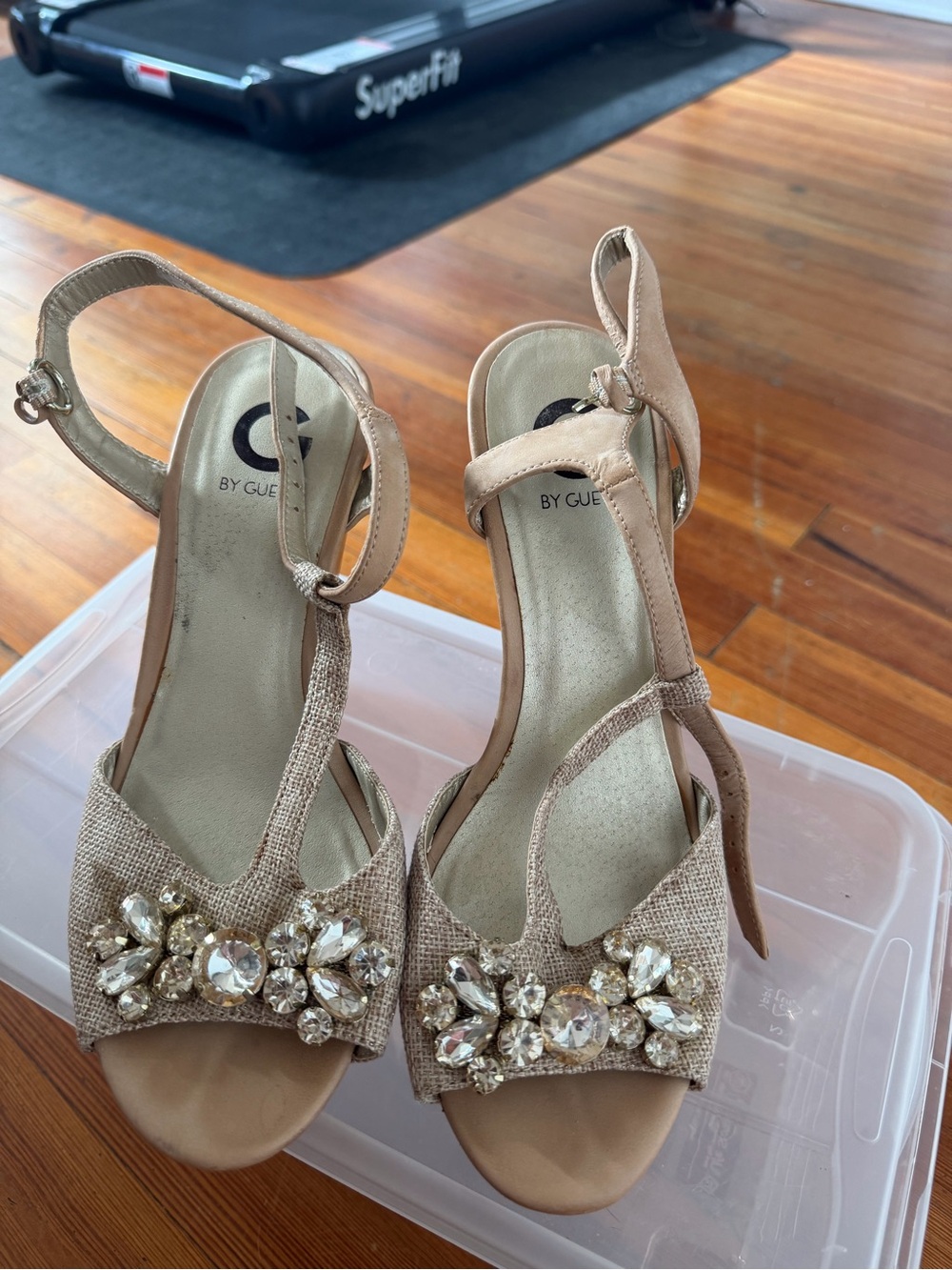 G by Guess Nude Blush T-Strap Embellished Heels